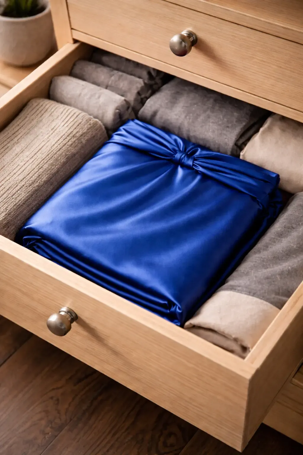 A folded blue satin cape lying in an open wooden drawer among neatly rolled everyday clothes.