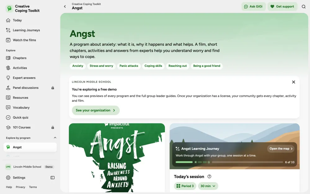 The Angst program in the Creative Coping Toolkit: its topics, a free demo note, the film poster and the Angst Learning Journey with today’s session.