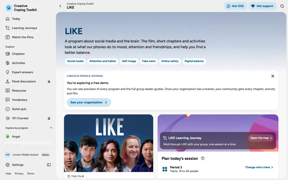 The LIKE program in the Creative Coping Toolkit: its topics, from social media to digital balance, a free demo note, the film poster and the LIKE Learning Journey with today’s session.