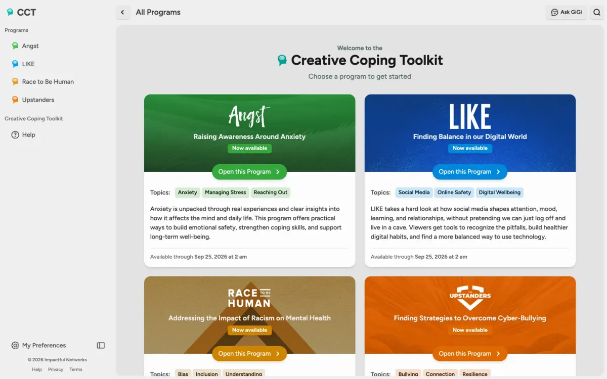 The Creative Coping Toolkit dashboard: the four program cards, each with its topics and an Open this Program button.
