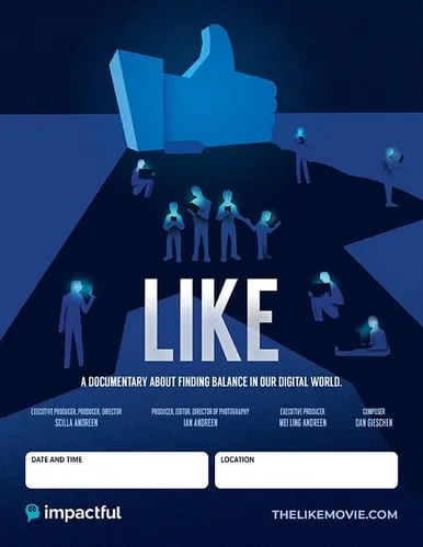 El póster de la proyección de LIKE: figuras iluminadas por sus teléfonos bajo un pulgar arriba gigante, con casillas en blanco para la fecha, la hora y el lugar.