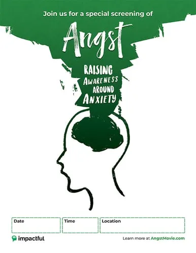 El póster de la proyección de Angst: “Join us for a special screening of Angst — raising awareness around anxiety”, con casillas en blanco para la fecha, la hora y el lugar.