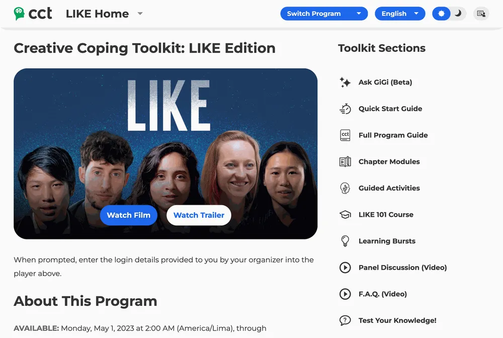 El Creative Coping Toolkit, edición LIKE: la película lista para reproducirse, con Ask GiGi, las guías, los módulos por capítulo, las actividades guiadas, el curso LIKE 101 y los Learning Bursts en una lista al costado.