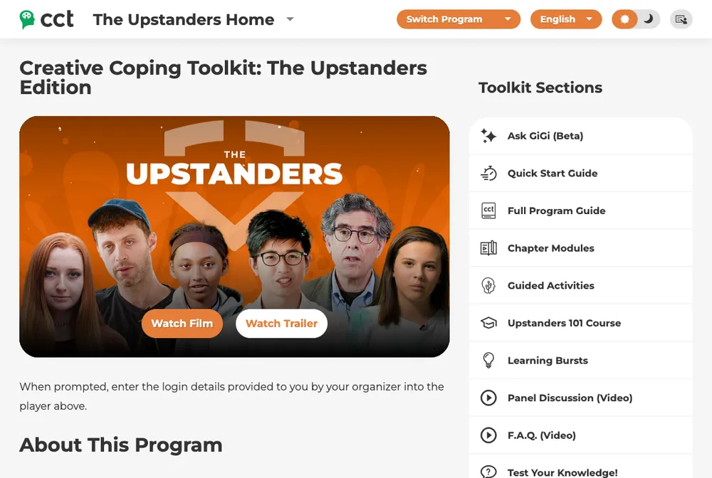 El Creative Coping Toolkit, edición The Upstanders: la película lista para reproducirse, con Ask GiGi, las guías, los módulos por capítulo, las actividades guiadas, el curso Upstanders 101 y los Learning Bursts en una lista al costado.