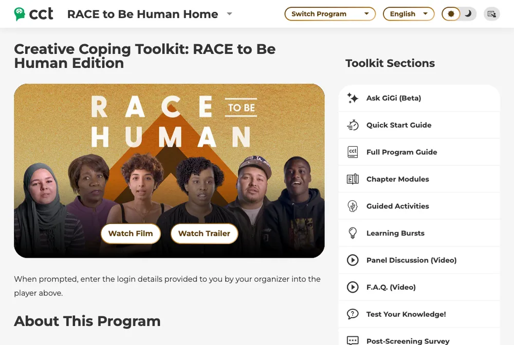 El Creative Coping Toolkit, edición RACE to Be Human: la película lista para reproducirse, con Ask GiGi, las guías, los módulos por capítulo, las actividades guiadas, los Learning Bursts y una encuesta posterior a la proyección en una lista al costado.
