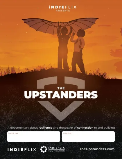 The Upstanders screening poster: two young people raising a kite against an orange sky, with blank boxes for the date, time and location.