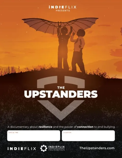 The Upstanders screening poster: two young people raising a kite against an orange sky, with blank boxes for the date, time and location.